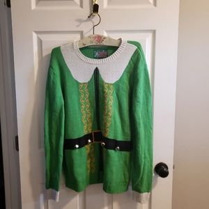 Vintage XL Ugly Sweater Christmas Elf with Bells Sweater Green and White